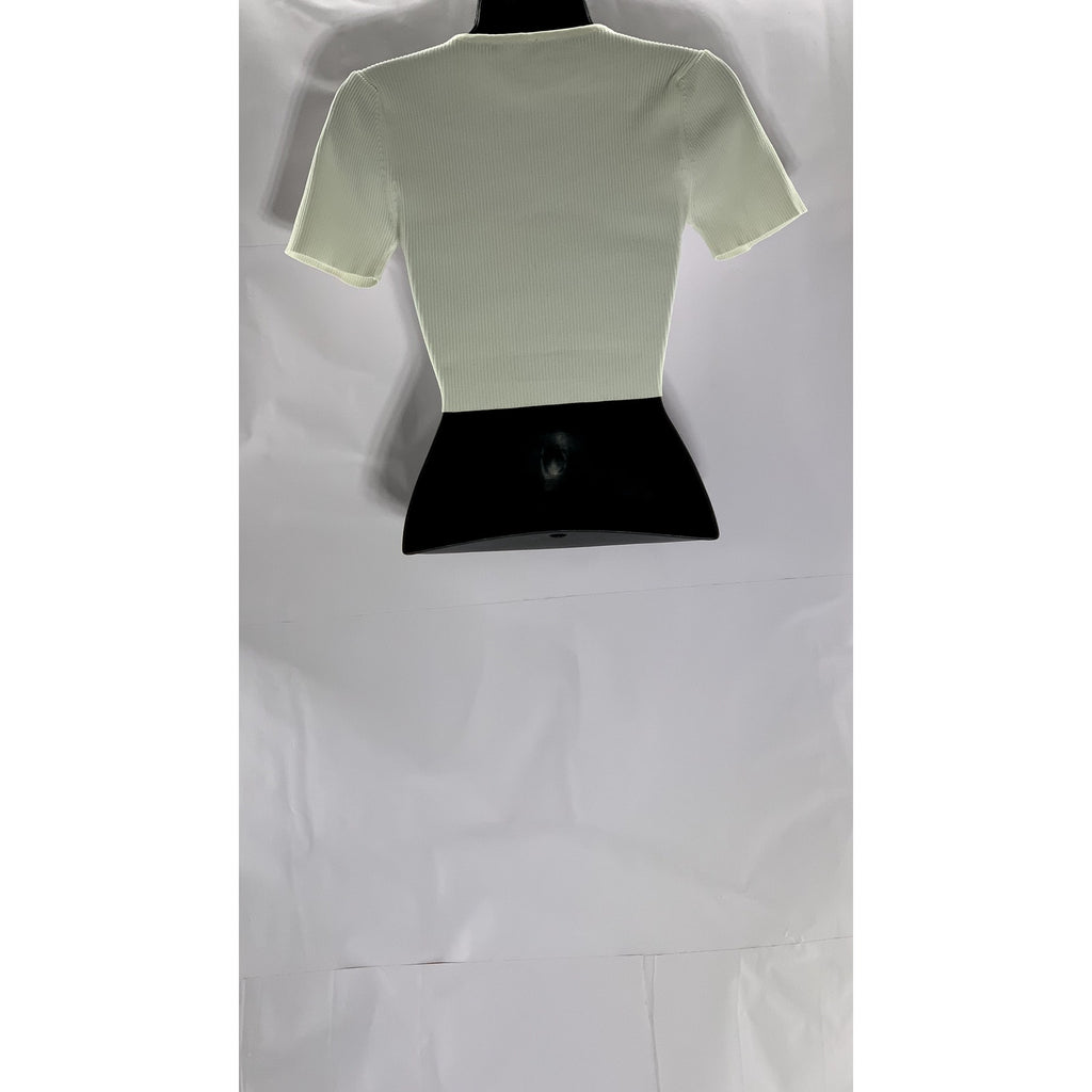 ZARA Women's White Ribbed Cutout Shoulder Crewneck Short Sleeve Crop Top SZ S