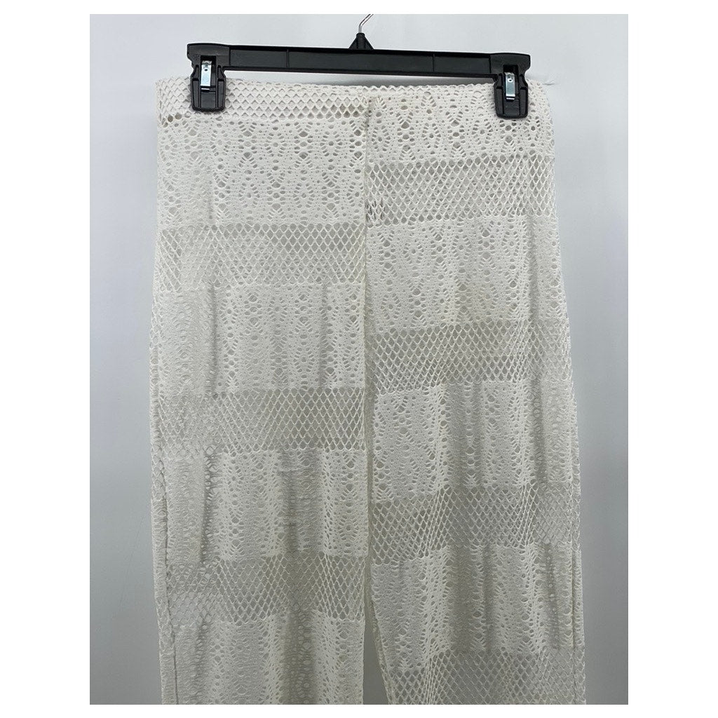 PRETTYLITTLETHING Women's White Mesh Elastic Waist Pull-On Wide-Leg Pant SZ 8
