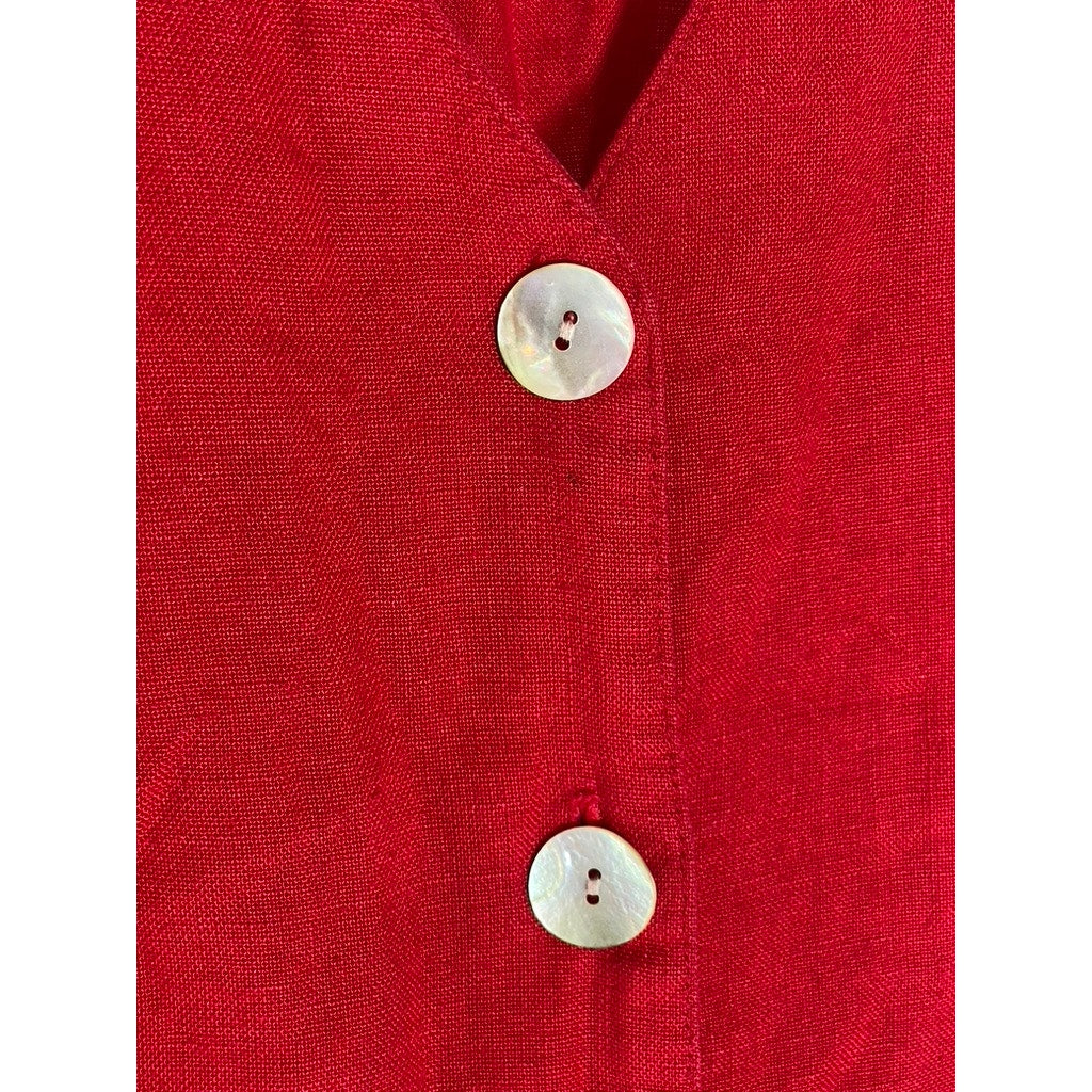 CAROL ANDERSON Women's Vintage Red Linen-Blend V-Neck Button-Up Top SZ 12