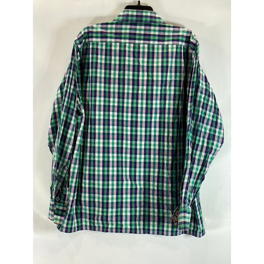 INSERCH ICON Men's Green Check Jacquard Cotton Button-Up Flip Cuff Shirt SZ XL