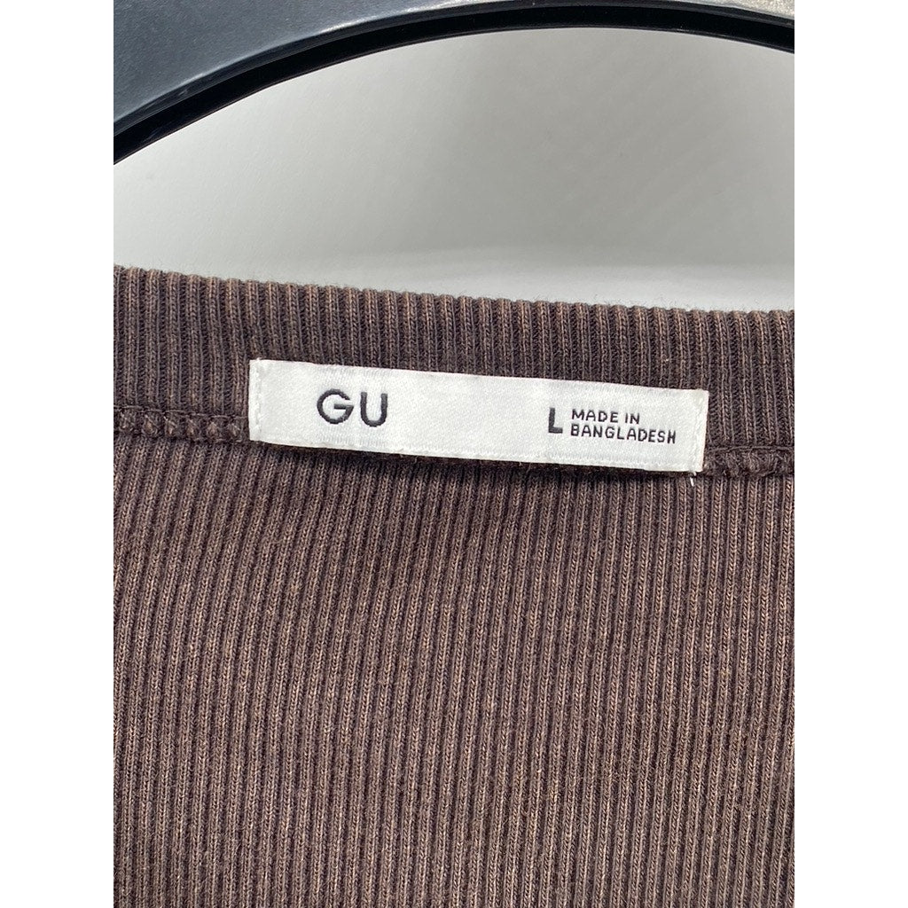 GU Men's Dark Brown Ribbed Crewneck Washed Slim-Fit Long Sleeve T-Shirt SZ L