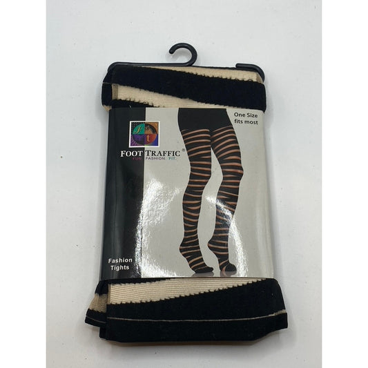 FOOT TRAFFIC Women's Black-Beige Striped Sheer Stretch Pull-On Tights SZ OS