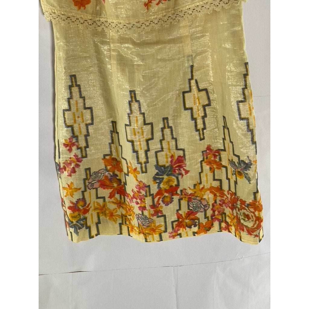 FREE PEOPLE Women's Tan-Orange Crochet Trim Straight-Neck Sleeveless Dress SZ 4
