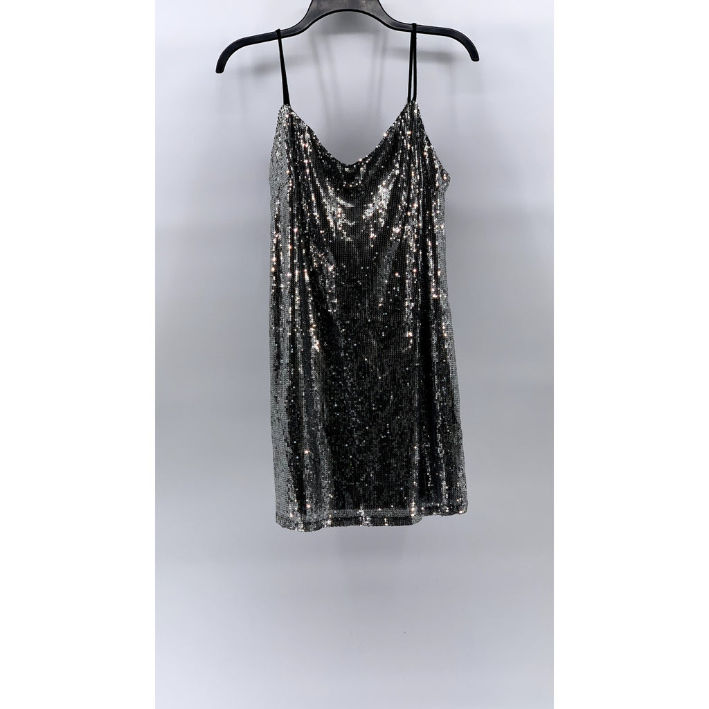 WILD FABLE Women’s Silver Sequin Embellished V-Neck Spaghetti Strap Dress SZ S