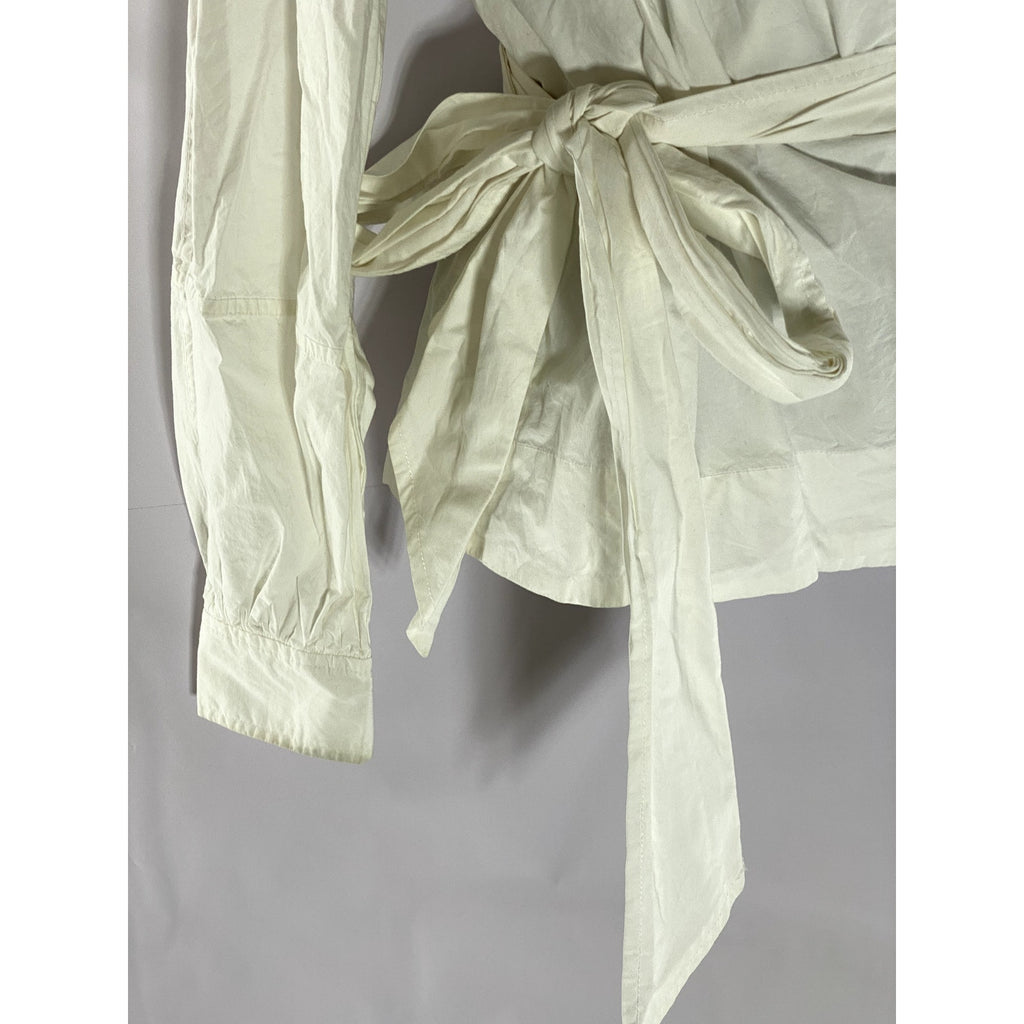 GANNI Women's White V-Neck Long Sleeve Wrap Poplin Top SZ 36(S)