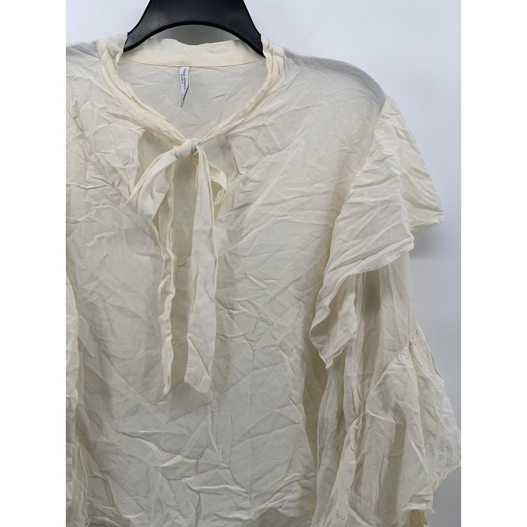 ZARA TRAFALUC COLLECTION Women's Off-White Tie-Neck Long Ruffle Sleeve Top SZ XL