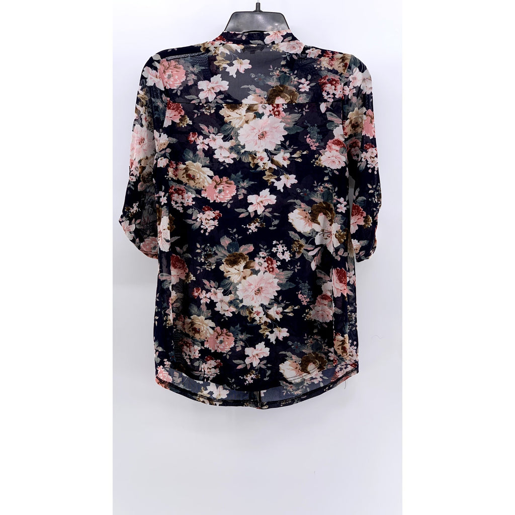 SIREN LILY Women's Navy Floral Mesh Button-Up Long Sleeve Top SZ S