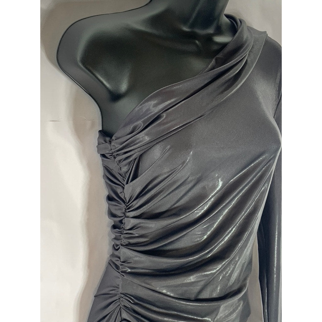 ZARA Women's Charcoal Metallic One Shoulder Long Sleeve Side Slit Maxi Dress SZS