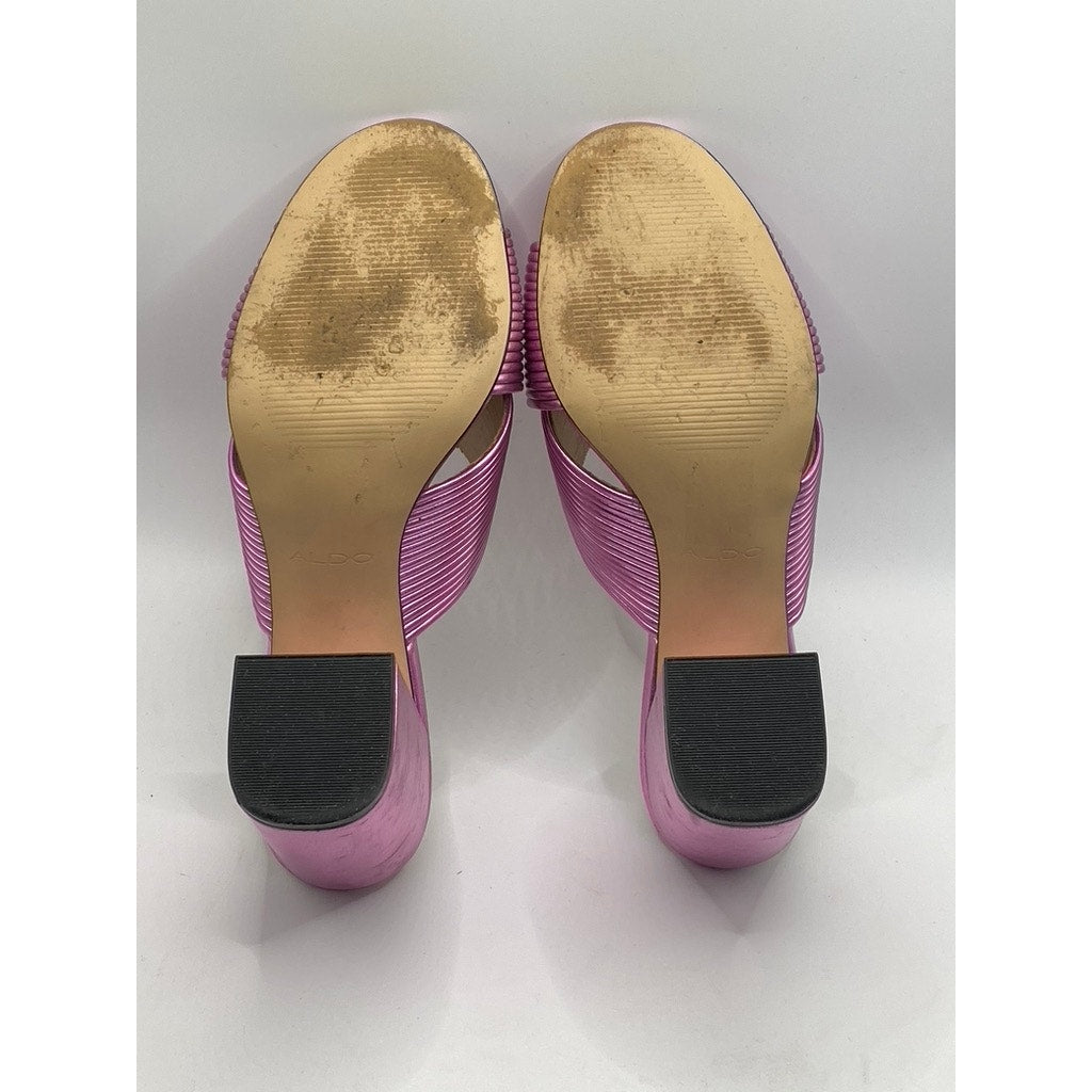 ALDO Women's Pink Metallic Round Peep-Toe Slip-On Block Heel Sandals SZ 7.5