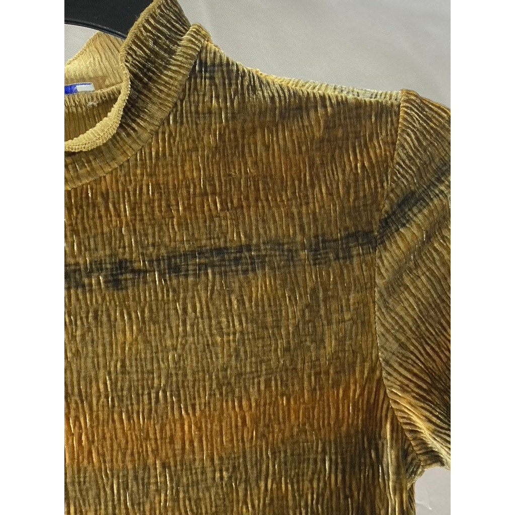 ZARA Women's Brown Printed Crinkle Velvet Mock-Neck Short Sleeve Top SZ S