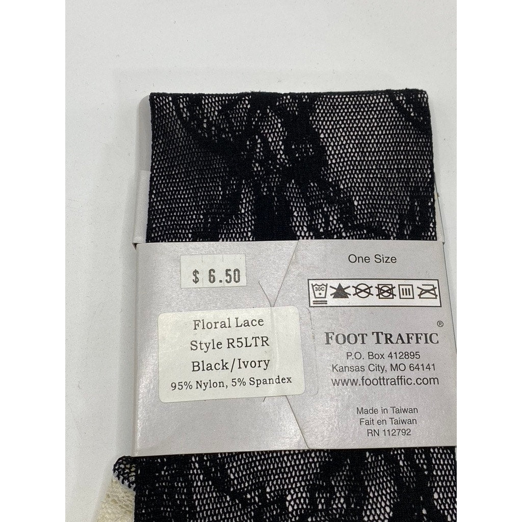 FOOT TRAFFIC Women's Ivory-Black Lace Colorblock Knee High Trouser Socks SZ OS