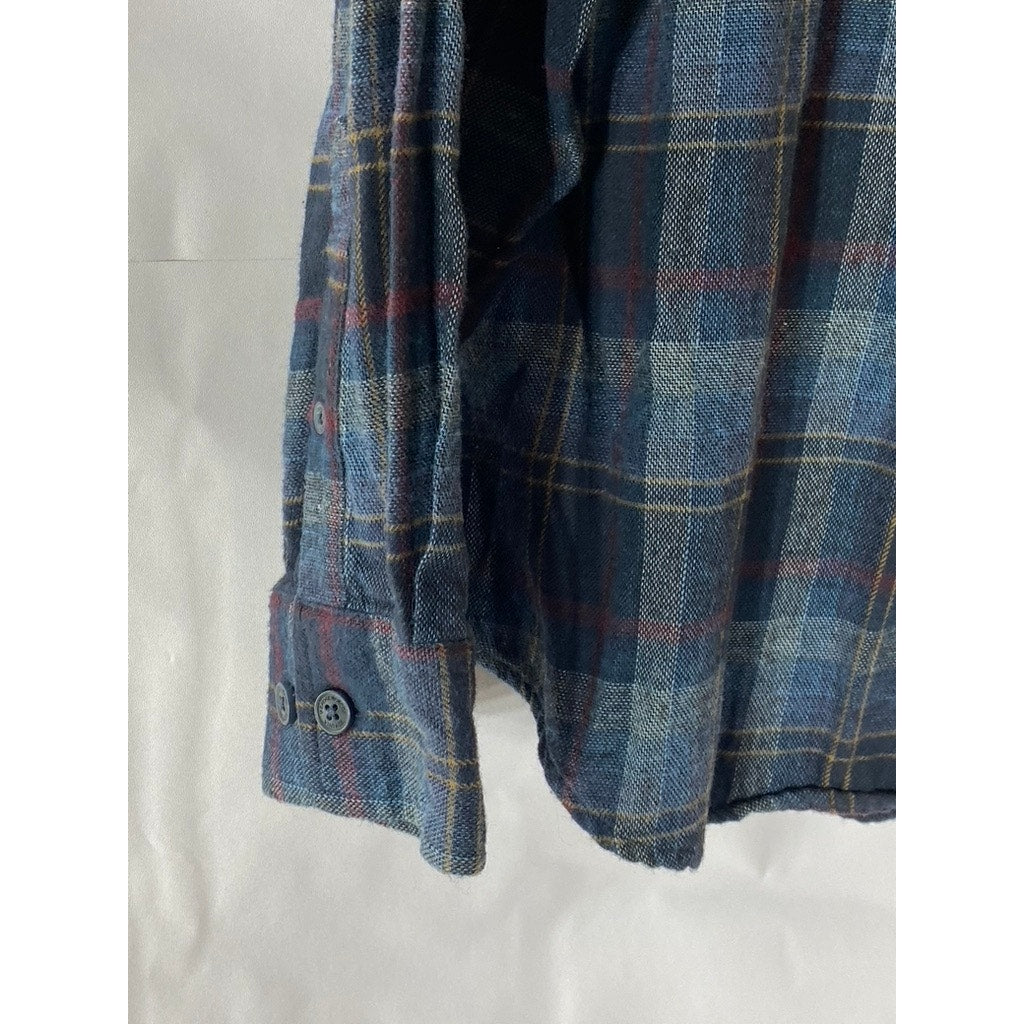 WEATHERPROOF Vintage Original Men's Blue Plaid Button-Up Regular-Fit Shirt SZ L