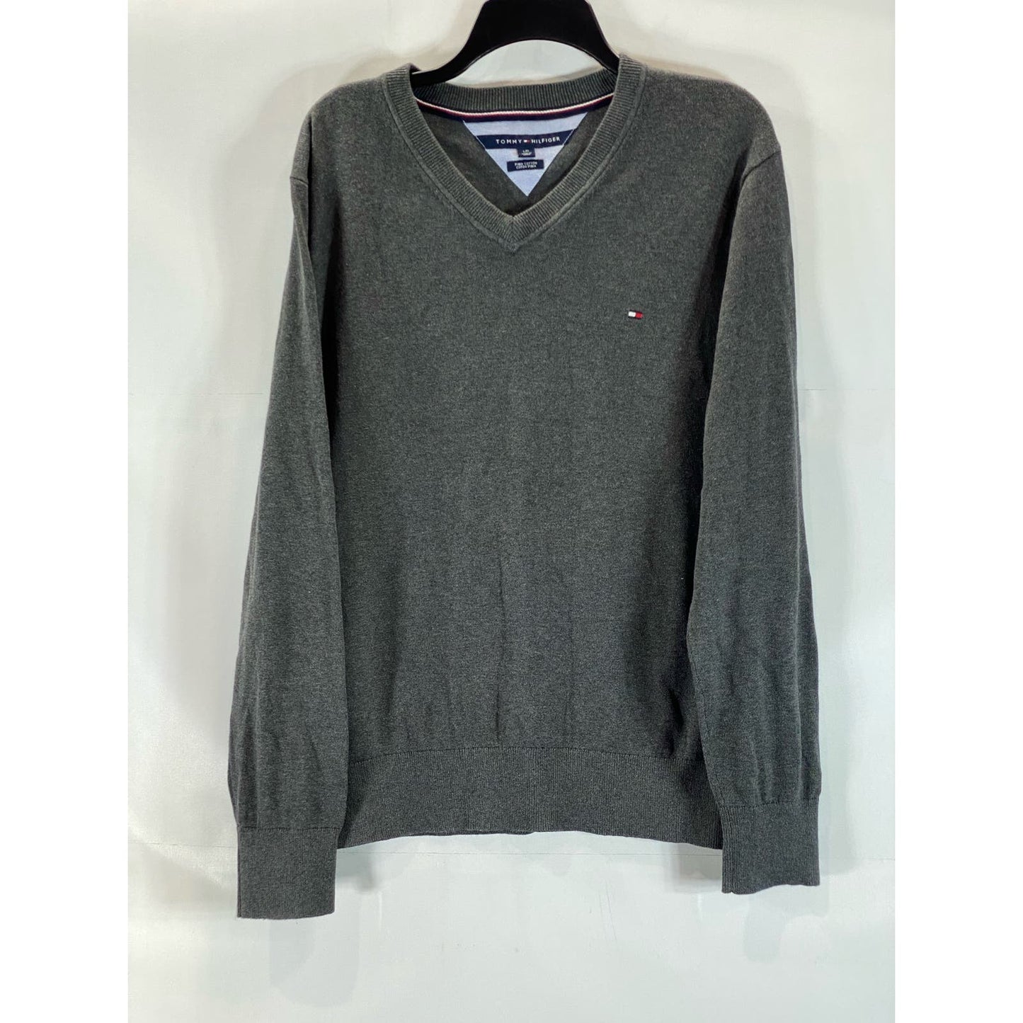 TOMMY HILFIGER Men's Charcoal Pima Cotton Regular-Fit V-Neck Sweater SZ L