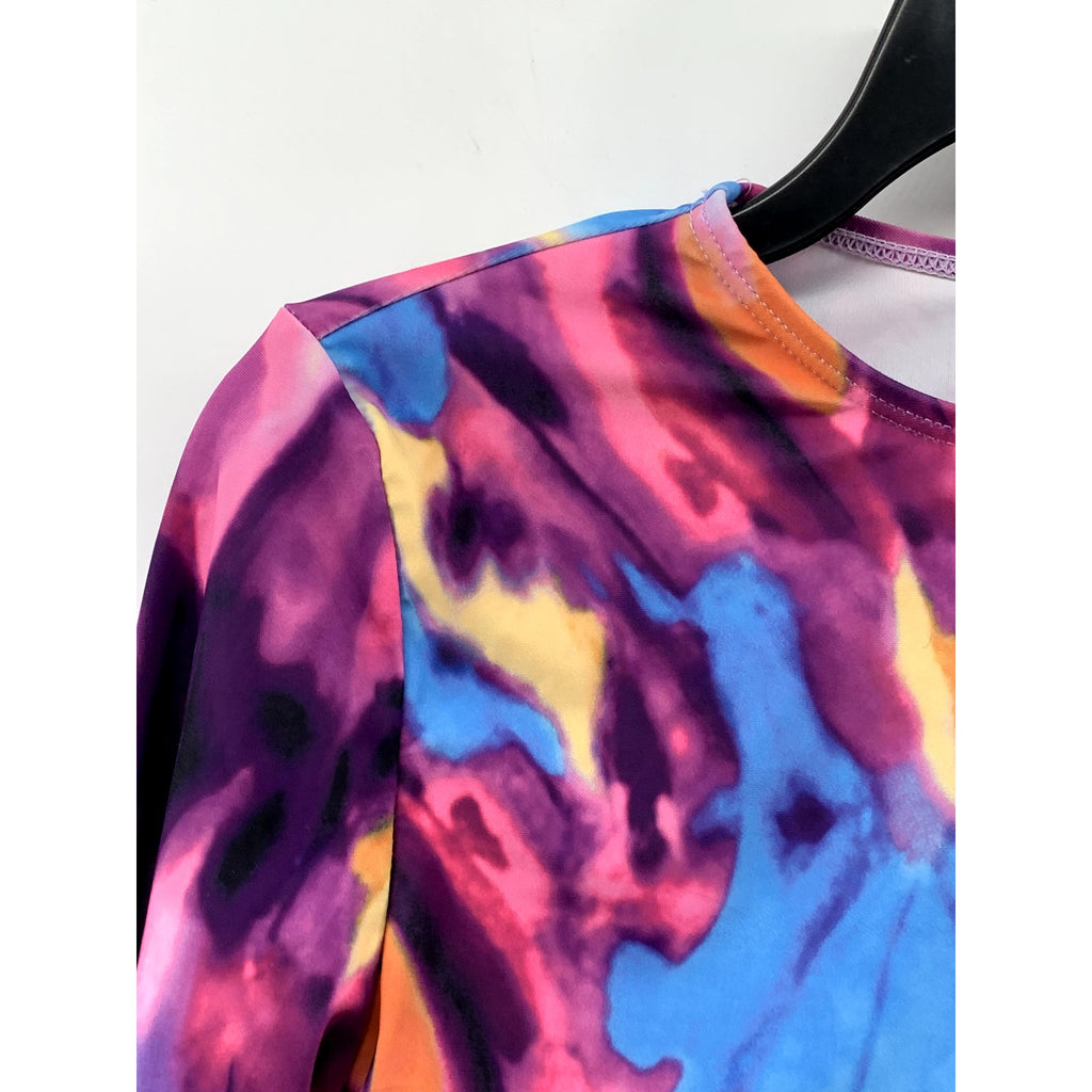 MATTE COLLECTION Women's Pink-Blue Tie-Dye Crewneck Long Sleeve Swim Top SZ M