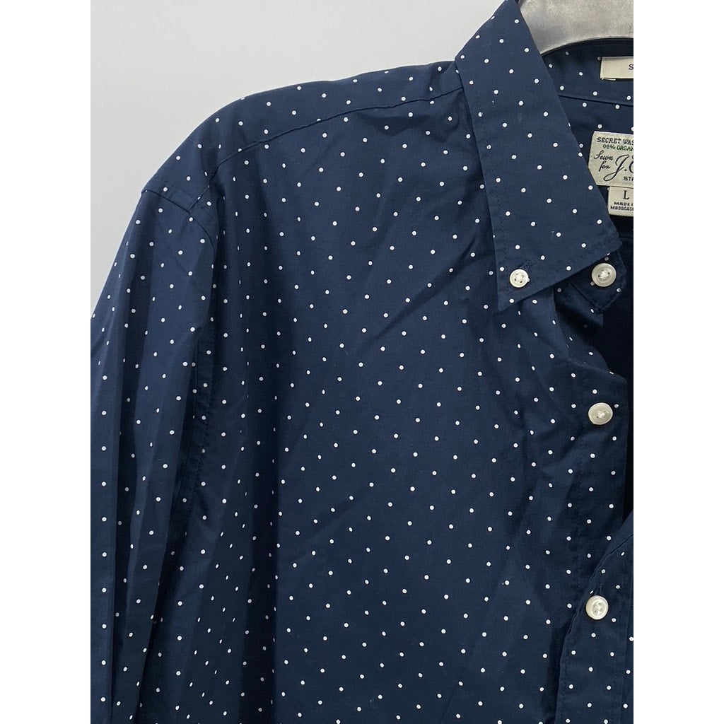 J.CREW Men's Navy Blue-White Micro Dot Stretch Slim-Fit Button-Up Shirt SZ L