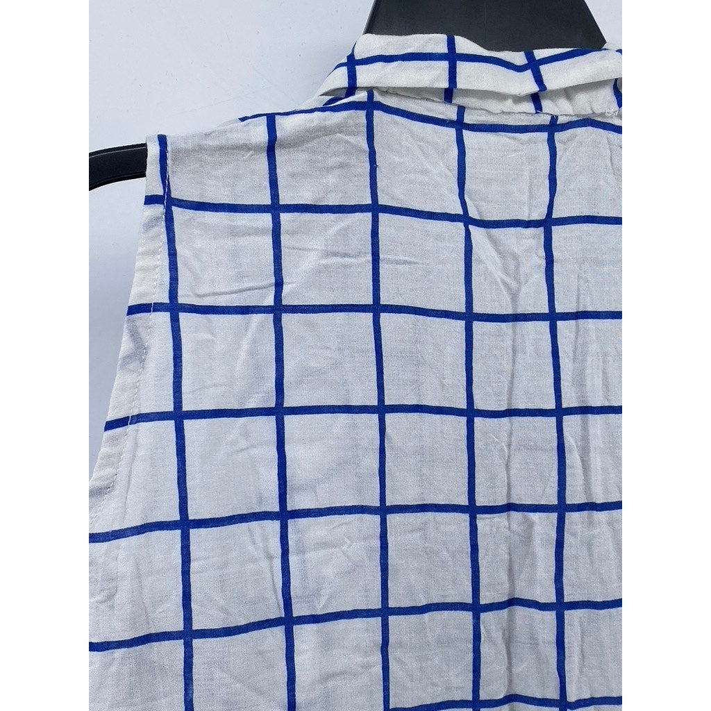UNBRANDED Women's Blue-White Windowpane Half-Button Sleeveless Mini Dress SZ S