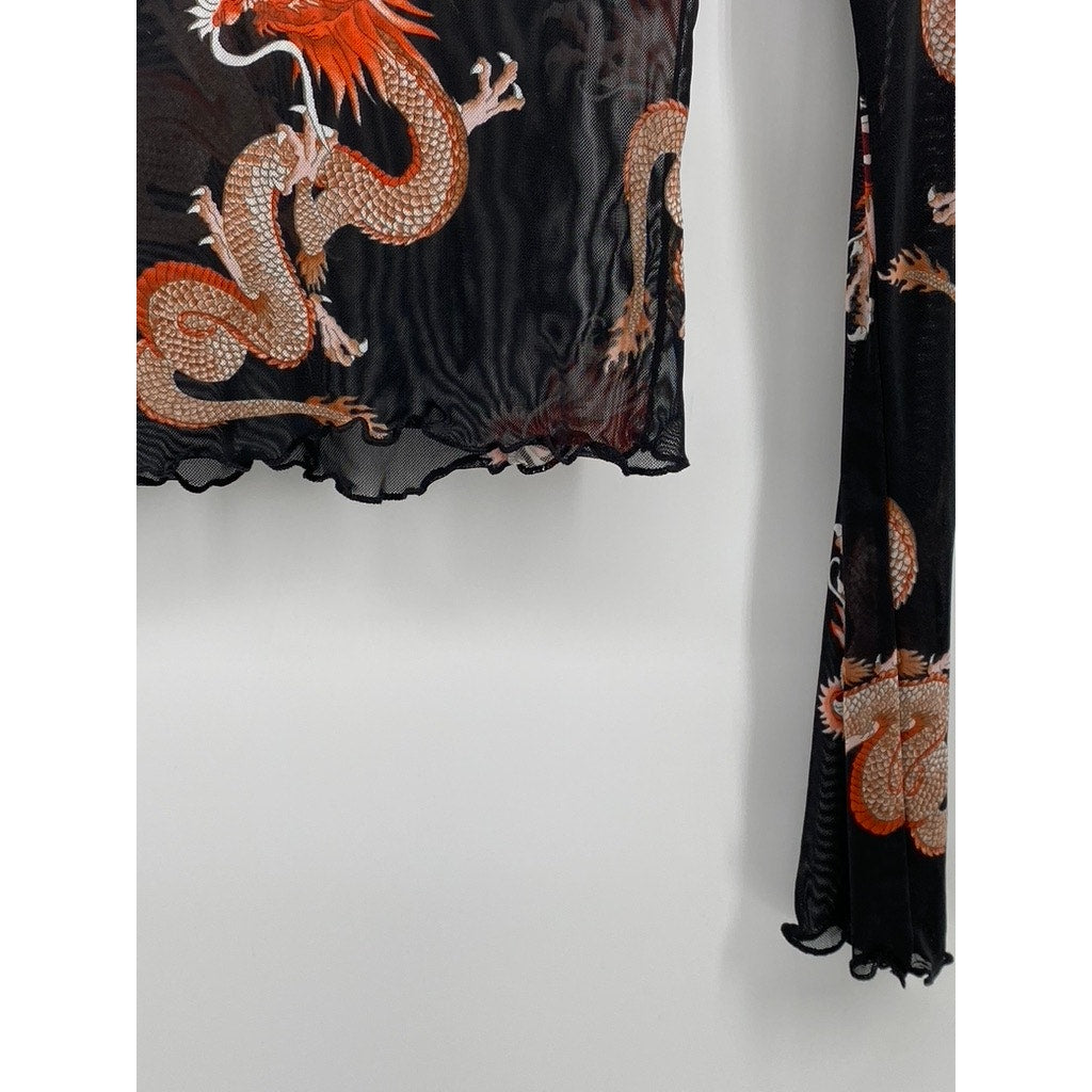 URBAN RENEWAL Women's Black-Orange Crewneck Sheer Remnants Dragon Top SZ XS