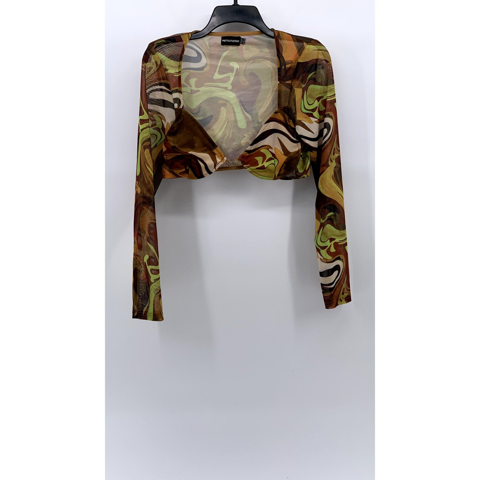 PRETTYLITTLETHING Women's Brown-Multi Sheer Mesh Long Sleeve Cropped Top SZ 10