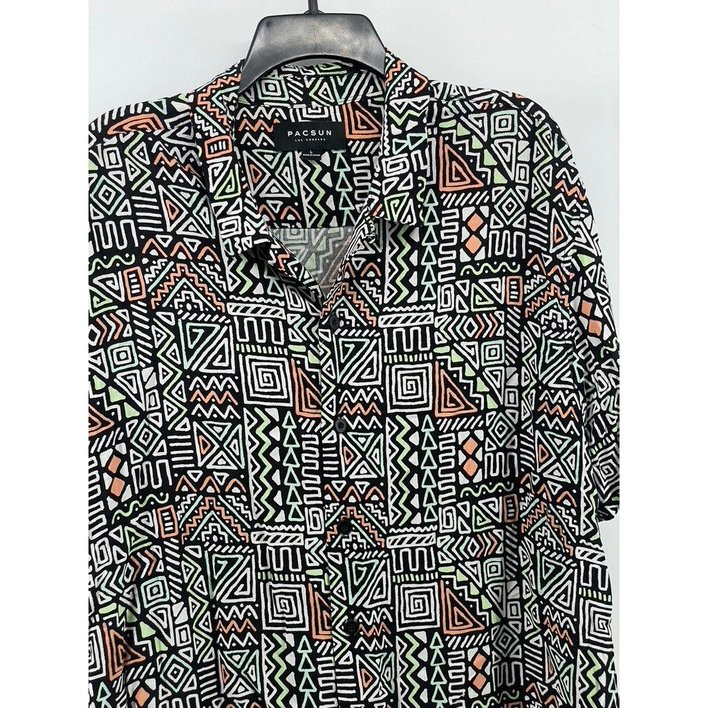 PACSUN Men’s Black-Multi Aztec Button-Up Regular-Fit Short Sleeve Shirt SZ L