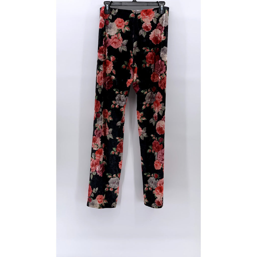 NALLY & MILLIE Women's Black Velour Floral Pull-On Elastic Waist Pants SZ XS