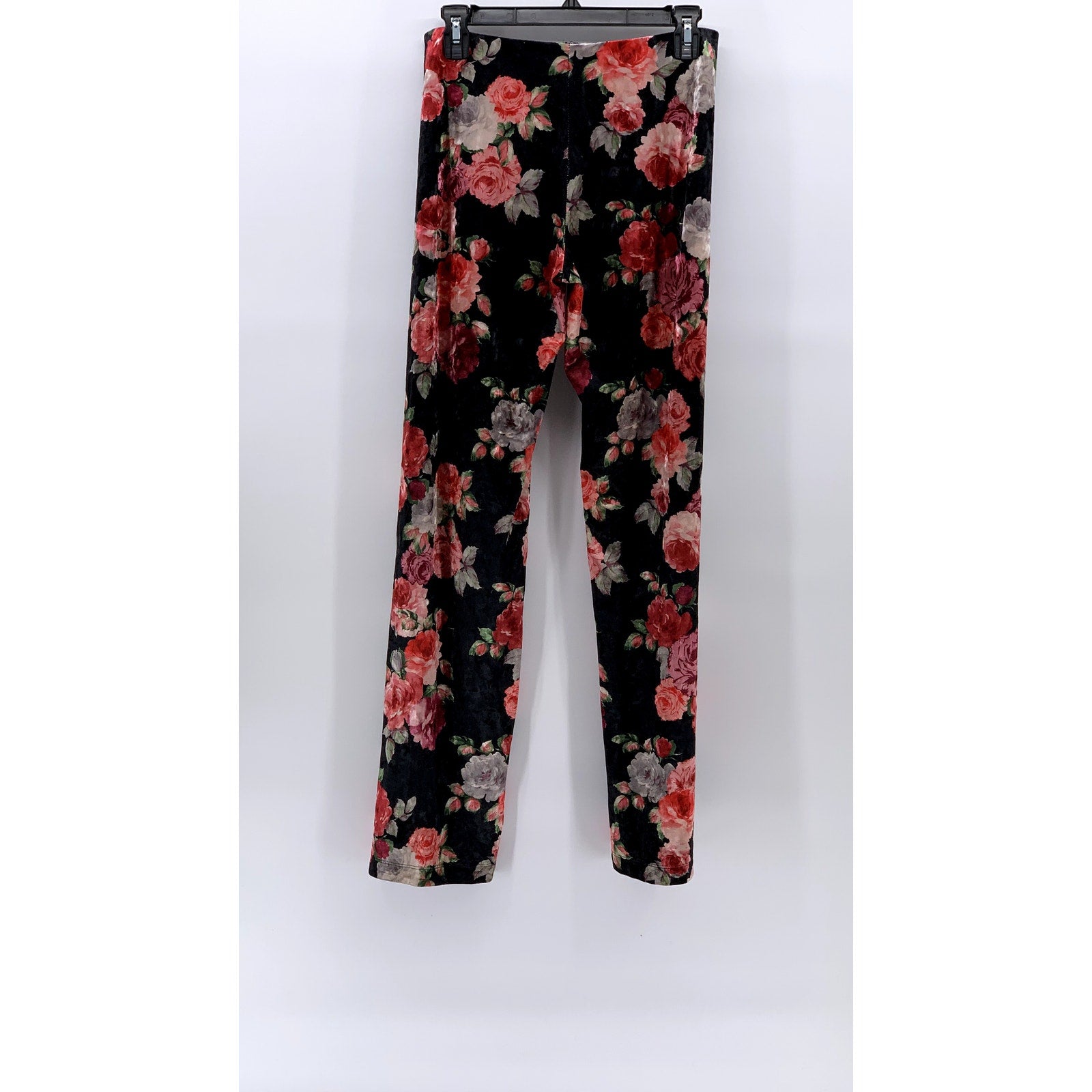 NALLY & MILLIE Women's Black Velour Floral Pull-On Elastic Waist Pants SZ XS