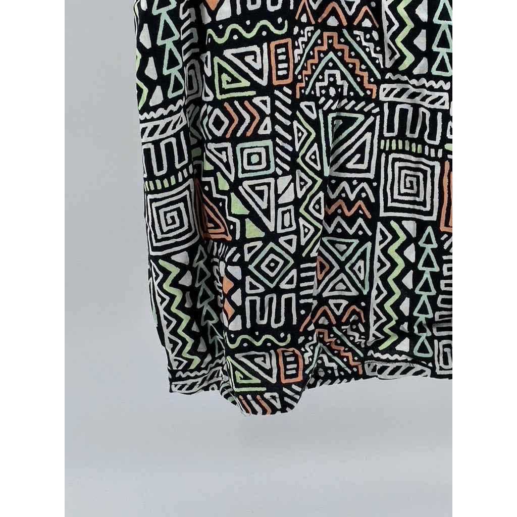 PACSUN Men’s Black-Multi Aztec Button-Up Regular-Fit Short Sleeve Shirt SZ L