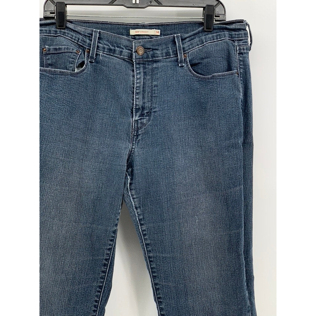 LEVI'S Women's Blue Denim Distressed 505 Straight Leg Jeans SZ 14