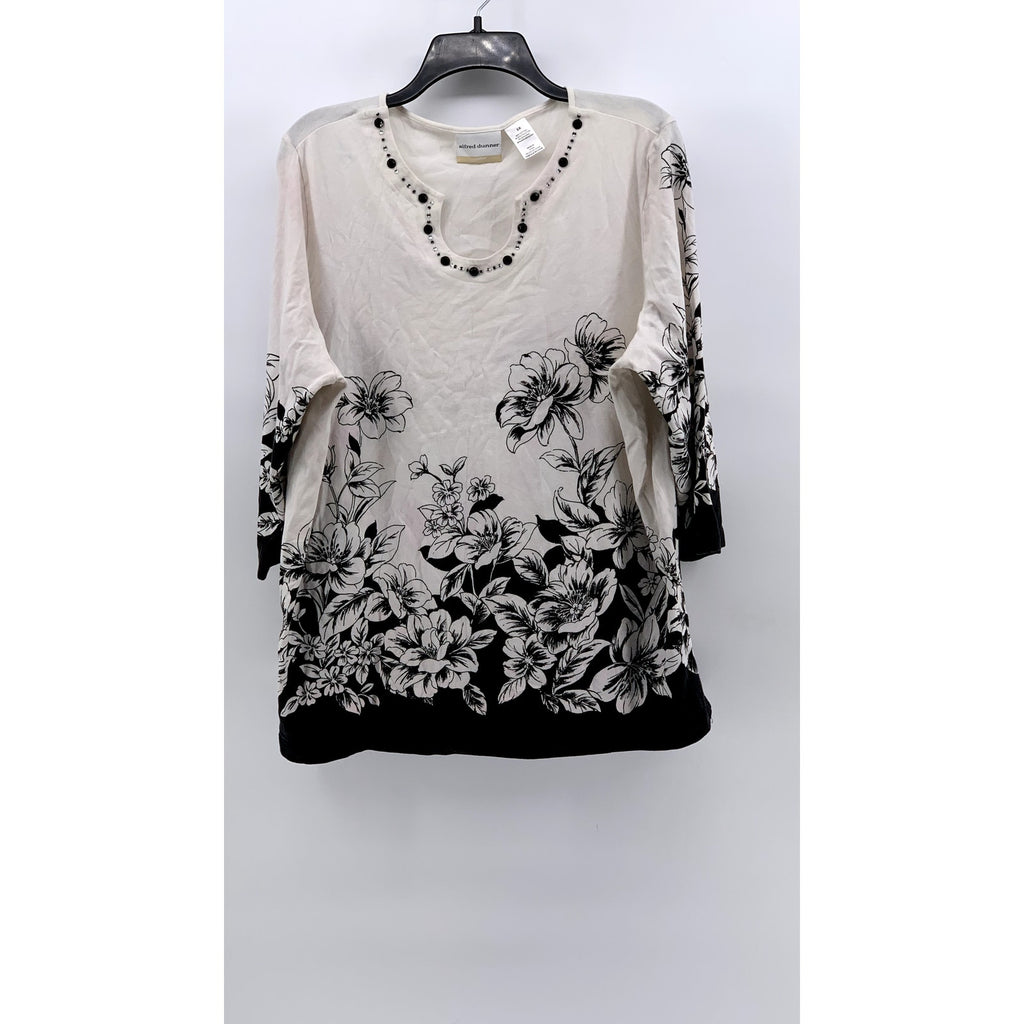 ALFRED DUNNER Women's Plus White-Black Floral 3/4 Sleeve Top SZ 2X