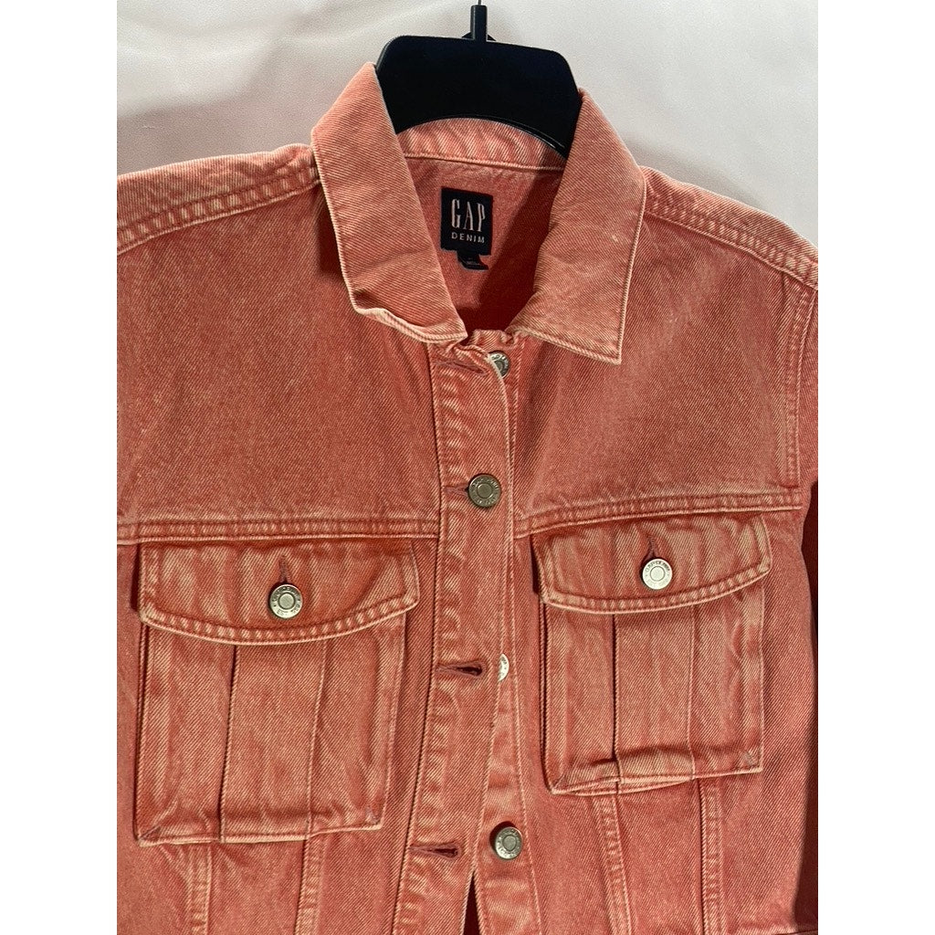 GAP DENIM Women's Pink Flamingo Button-Front Denim Utility Cropped Jacket SZ XS