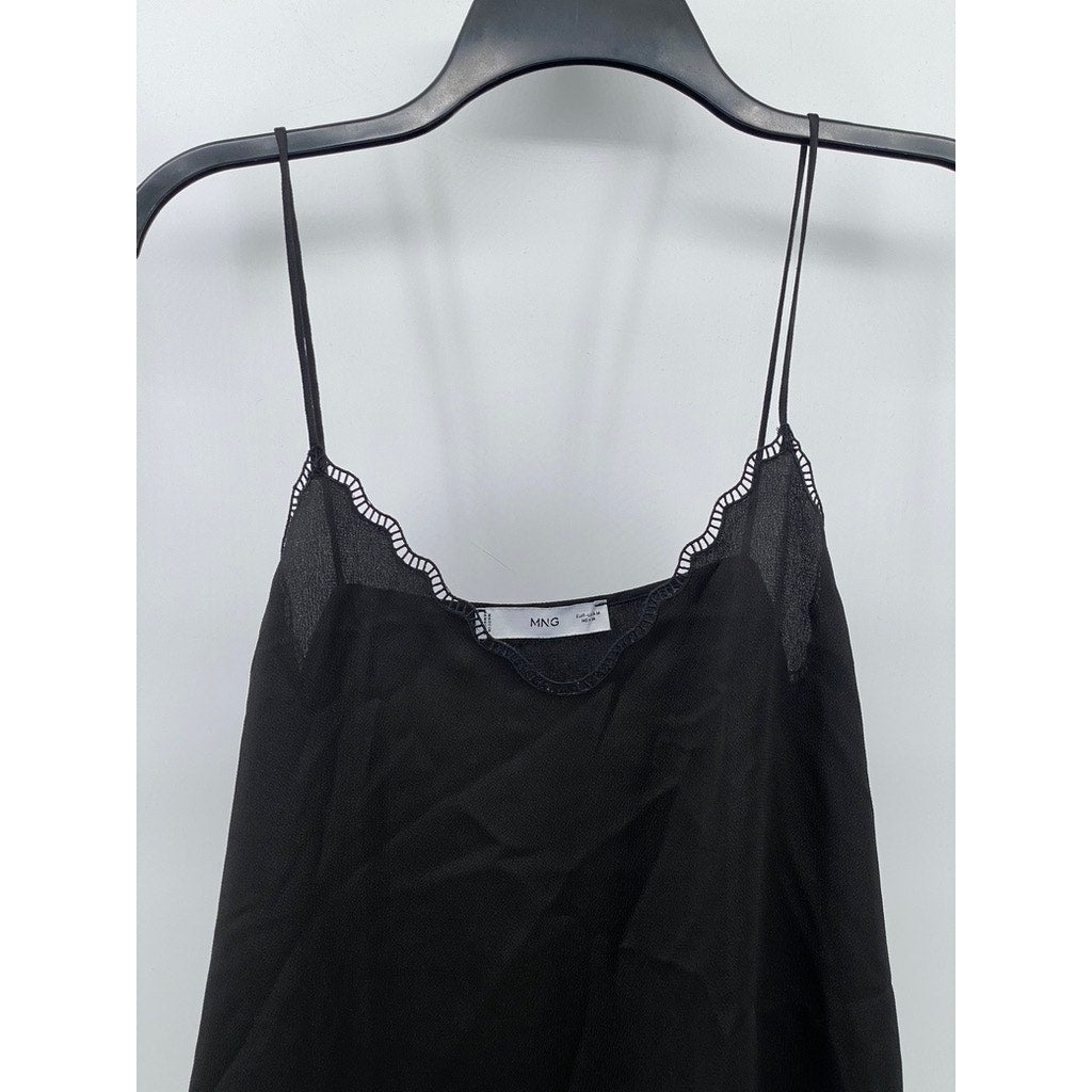 MNG By MANGO Women's Black V-Neck Lace-Trim Spaghetti Strap Cami Top SZ M
