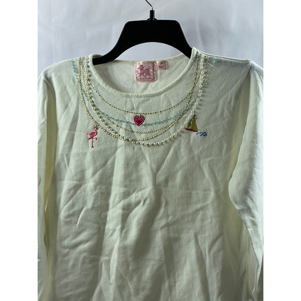 PINK POODLE Women's Cream Embroidered Faux Pearl Embellished 3/4 Sleeve Top SZ M