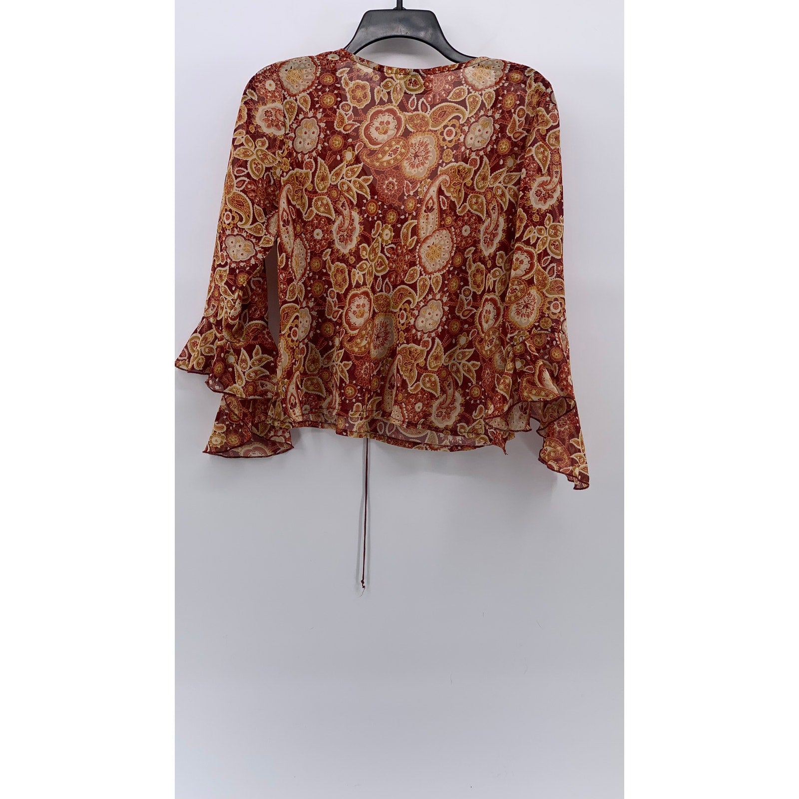 HOKUSPOKUS Women's Vintage Y2K Orange Floral Sequin Long Bell Sleeve Top SZ L