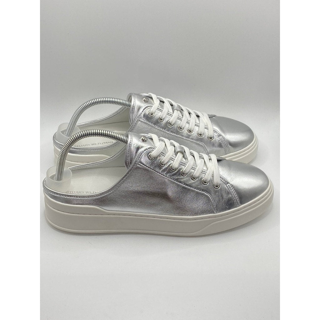 STUART WEITZMAN Women's Silver Skater Slip-On Flatform Mule Sneakers SZ 9.5