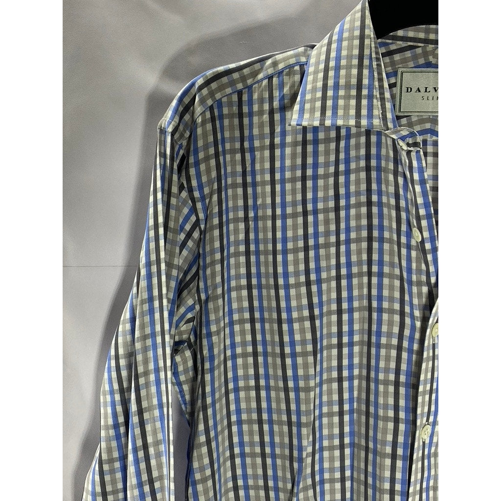 DALVEY Men's Blue-Black Gingham Slim-Fit Button-Up Long Sleeve Shirt SZ 16(M)