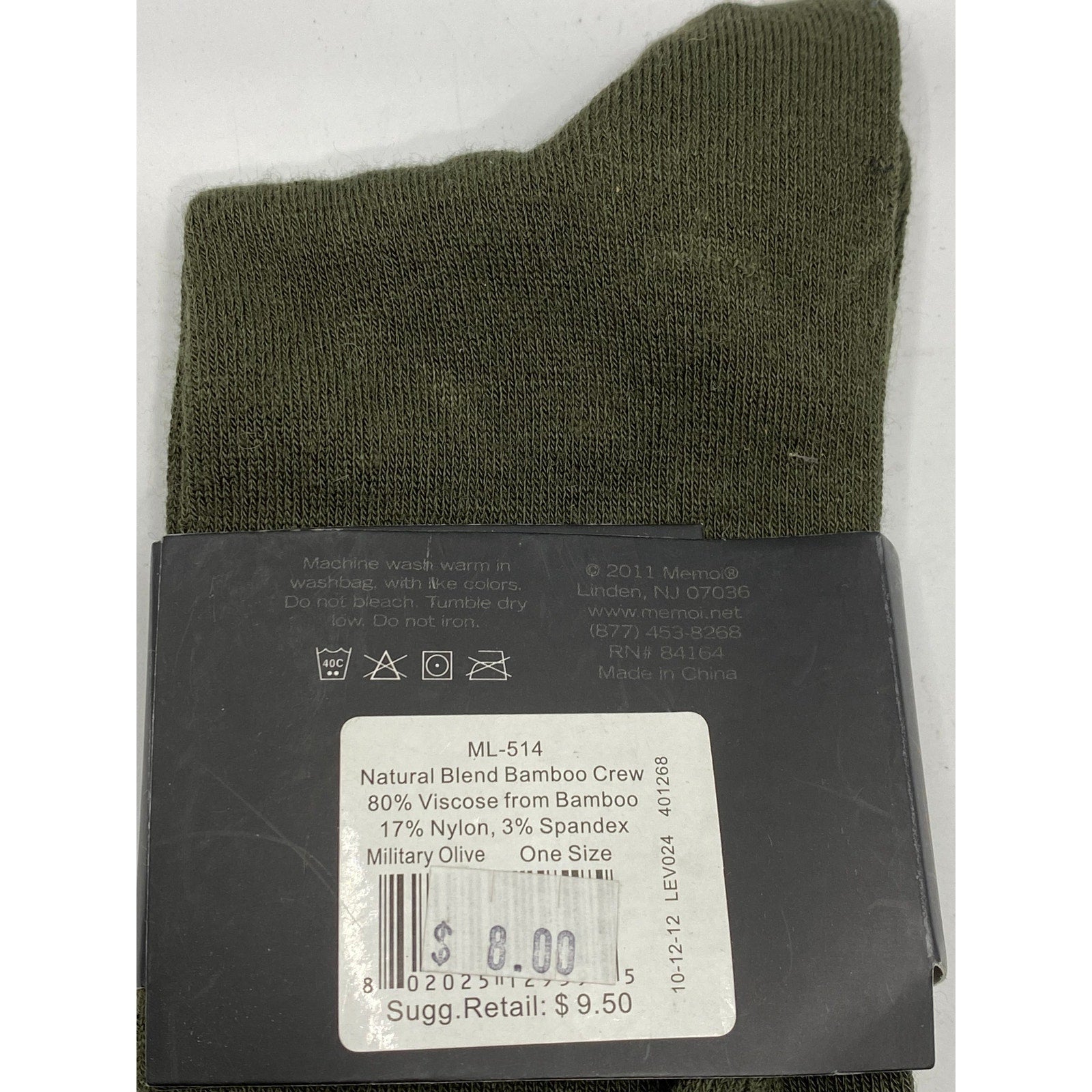 MEMOI Women's Military Olive Knit Natural Blend Bamboo Crew Socks SZ OS