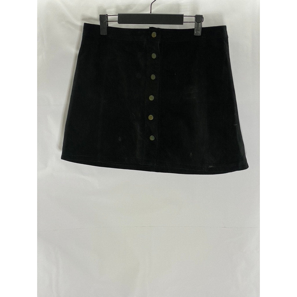 STRADIVARIUS Women's Black Suede Leather Button-Front Mini Skirt SZ L