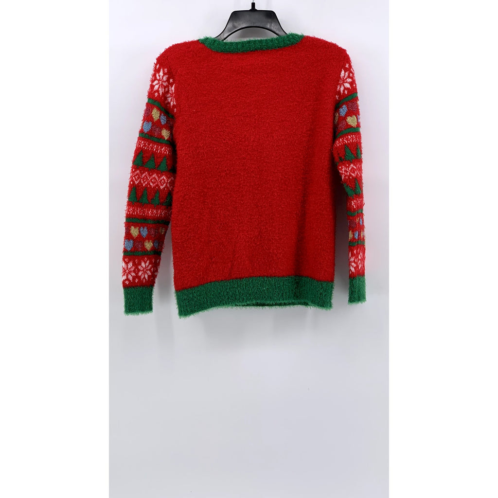 HOLIDAY TIME Girls' Plus Red-Green Faux-Fur Reindeer Knit Sweater SZ L(10/12)