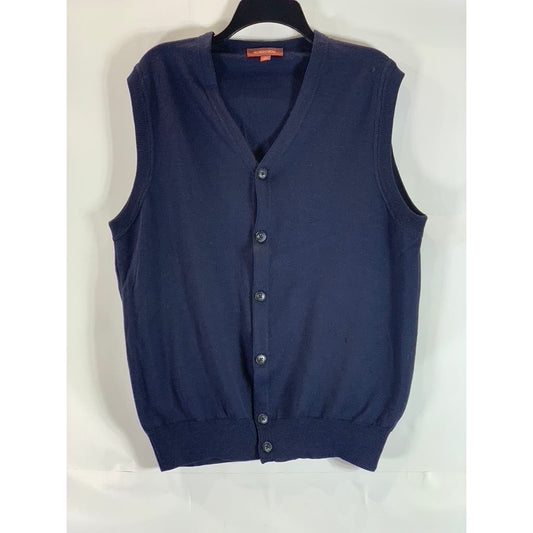 NORDSTROM Men's Navy V-Neck Extra Fine Merino Wool Button-Down Sweater Vest SZ L