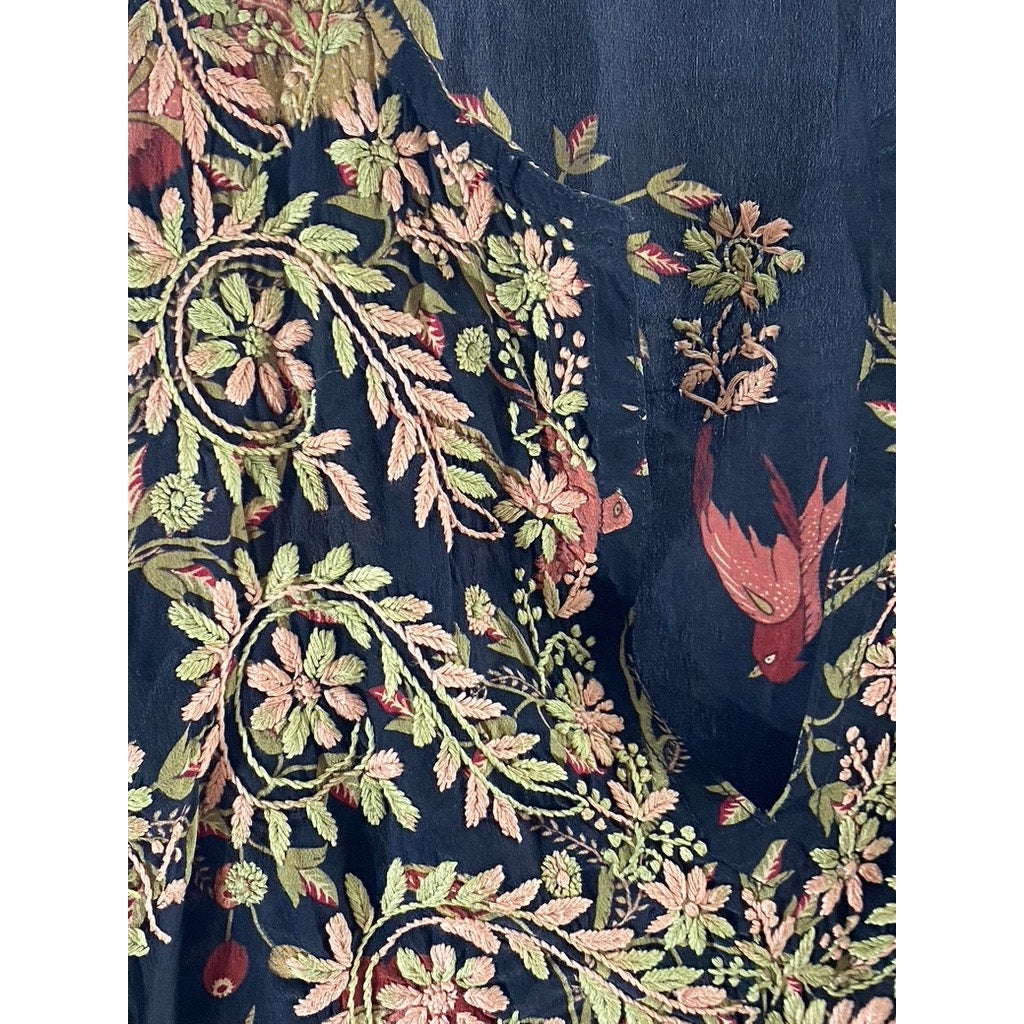 UNBRANDED Women's Black Embroidered Floral Print V-Neck Silk Mini Dress SZ M