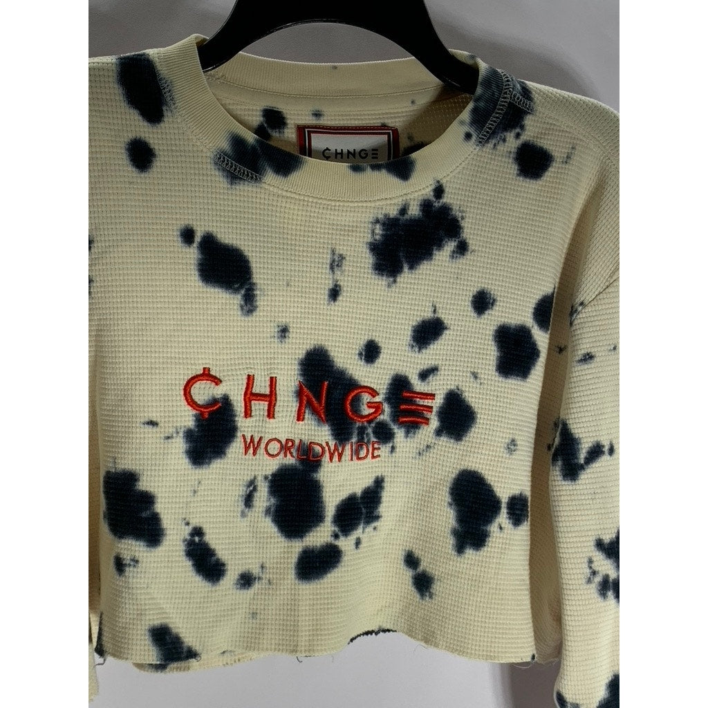CHNGE Women's Beige Tie-Dye Embroidered Logo Organic Cotton Crop Top SZ S