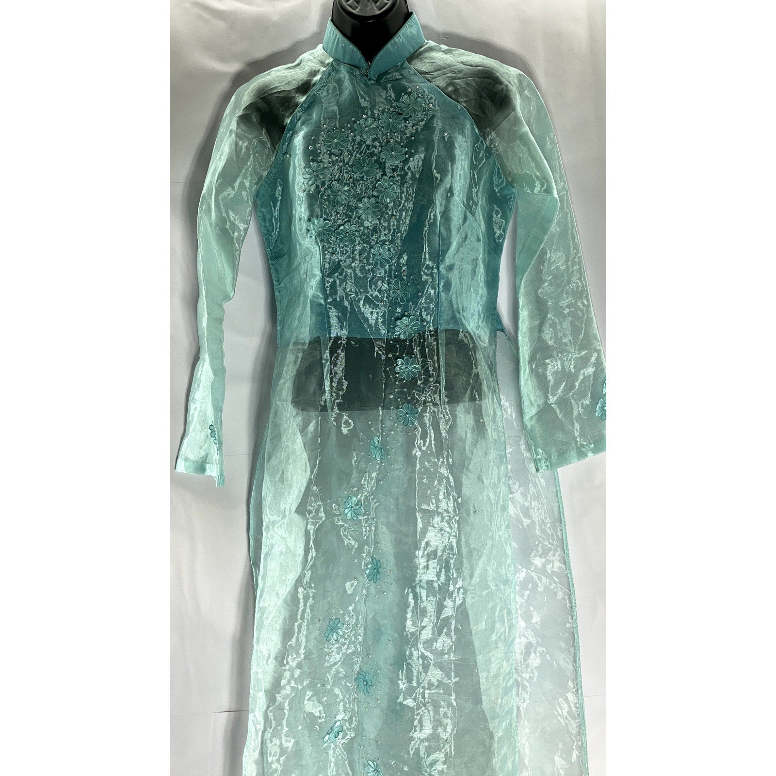OANH NQA Women's Blue/Green Sheer 3-D Floral Long Sleeve Kurta SZ S