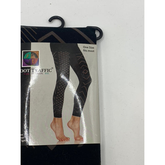 FOOT TRAFFIC Women's Black Printed Mesh-Sheer Footless Stretch Tights SZ OS