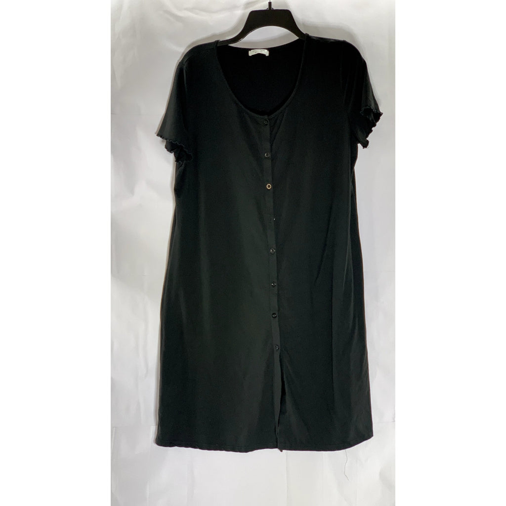 EKOUAER Women's Black Solid Scoop-Neck button-Up Short Sleeve Casual Dress L