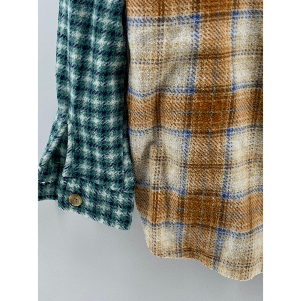 JUST POLLY NEW YORK Women's Brown-Green Plaid Colorblock Button-Up Top SZ M