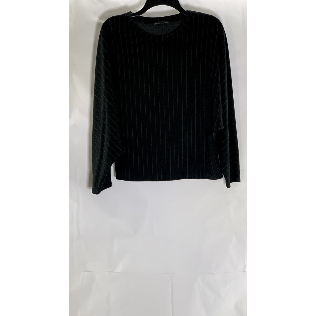 ZARA Women's Black Metallic Stripe Crewneck Long Sleeve Top SZ L