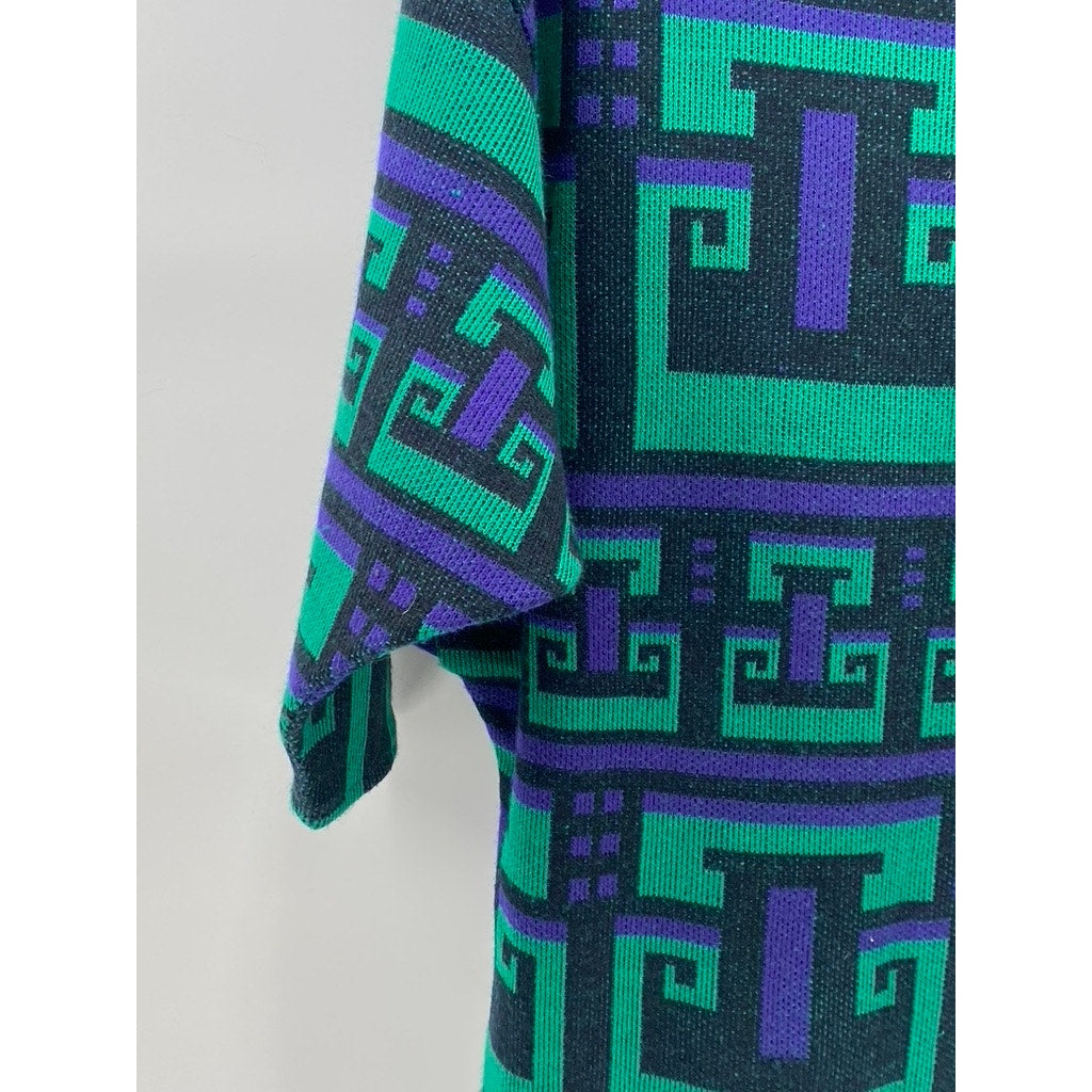 UNBRANDED Women’s Blue-Green Geo Print Long Sleeve Knit Midi Sweater Dress SZ L