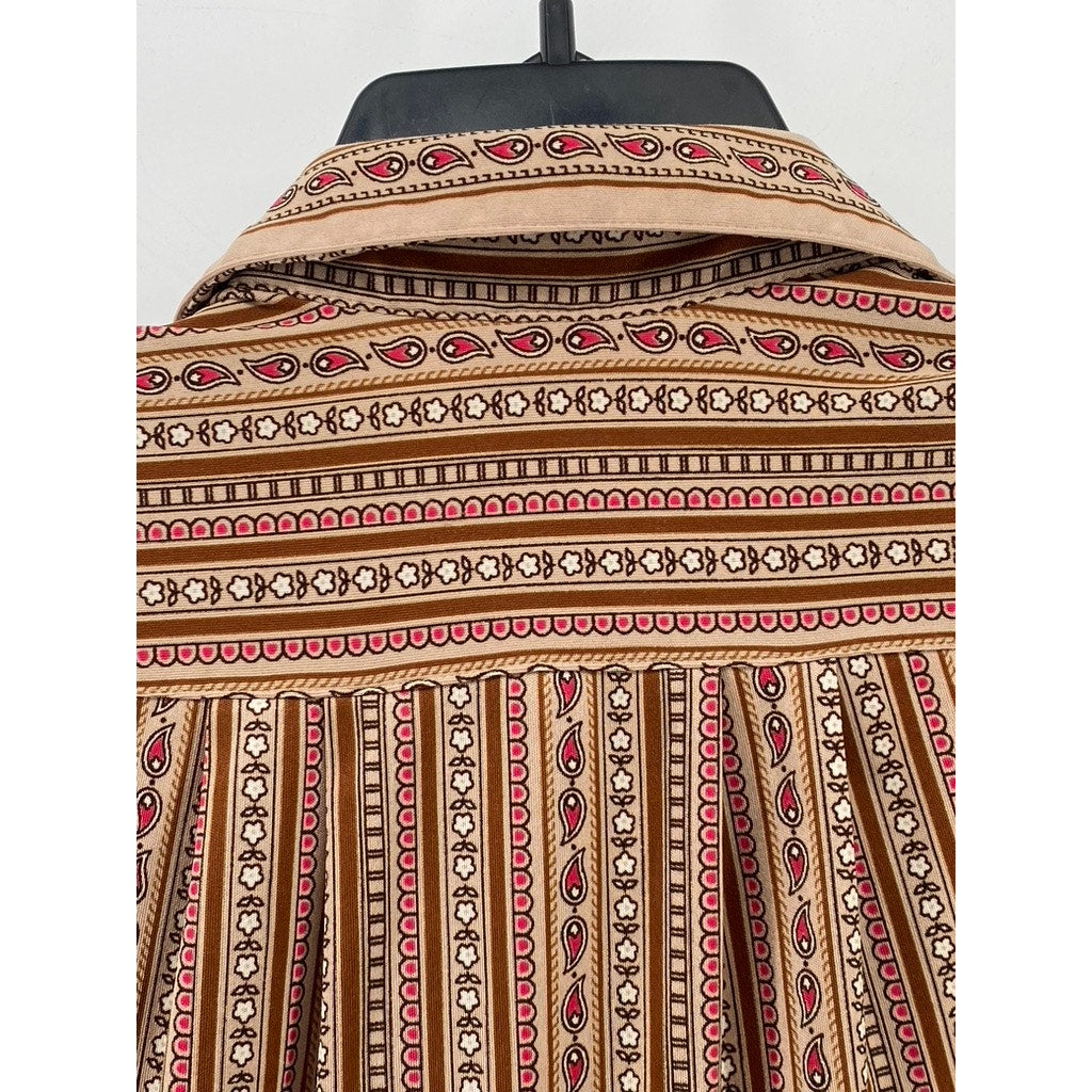 WEIDE Women's Vintage Brown Printed Button-Up Long Sleeve Top SZ S