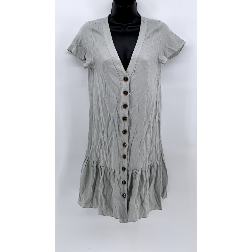 UNBRANDED Women's Gray V-Neck Button-Front Ruffle Hem Dress SZ M