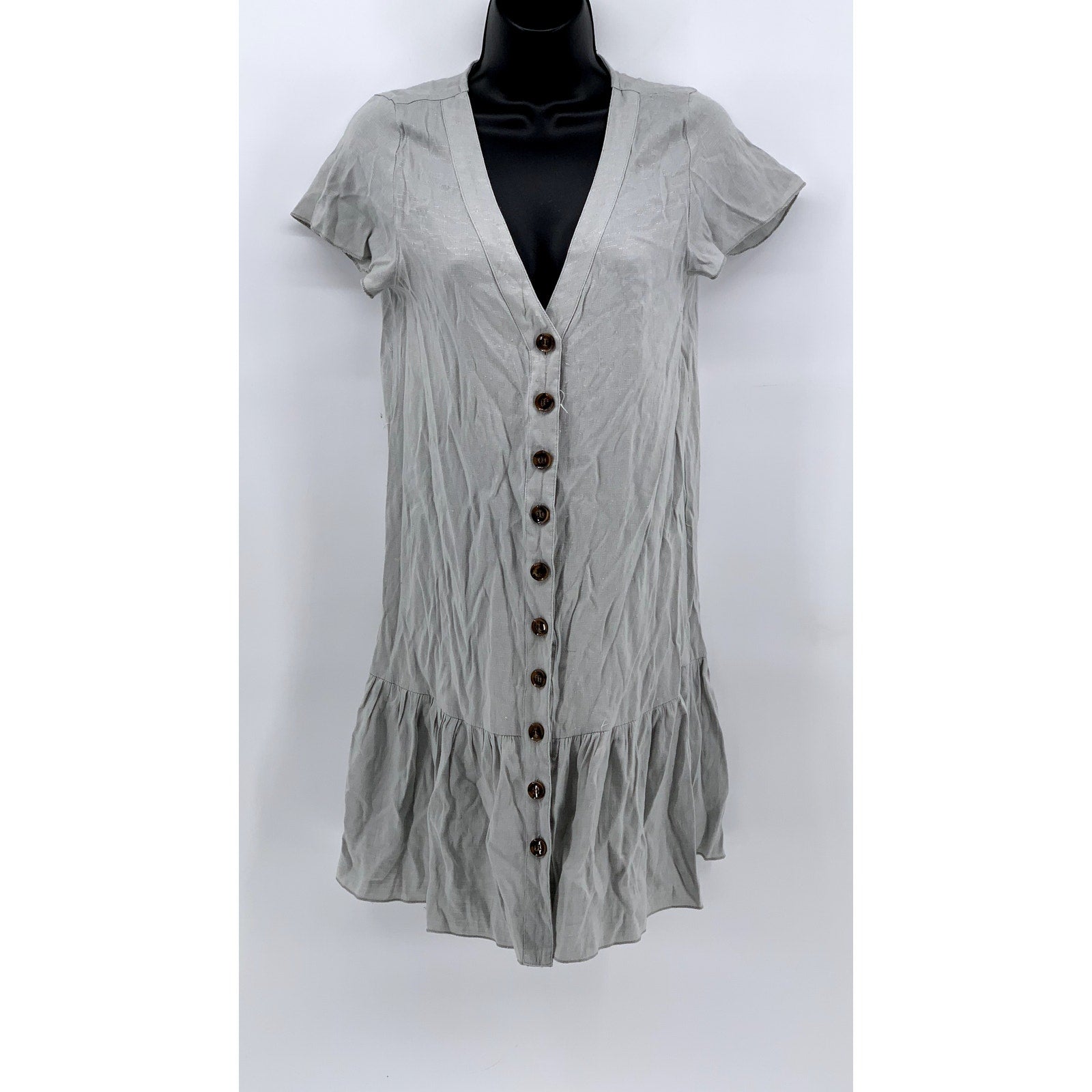 UNBRANDED Women's Gray V-Neck Button-Front Ruffle Hem Dress SZ M