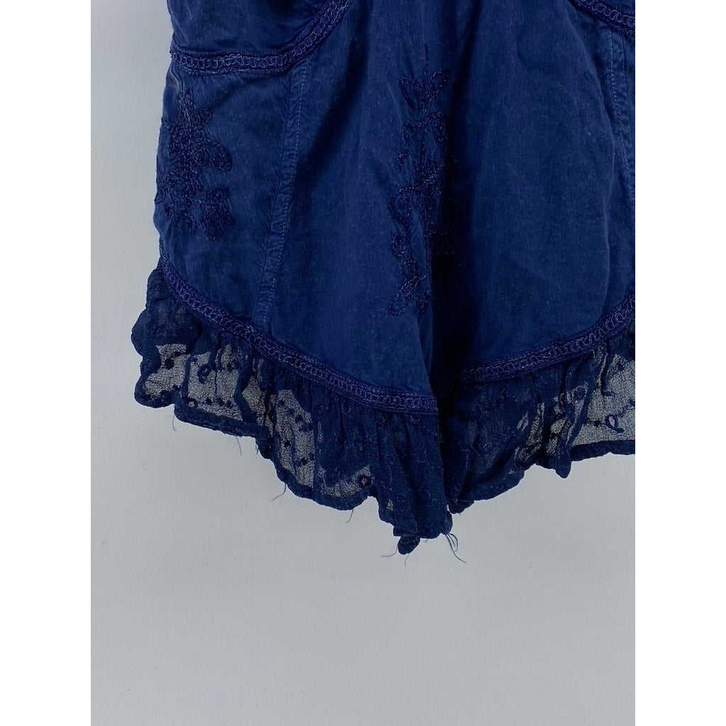 REBELLION Women's Navy Blue Lace-Trim V-Neck Smocked Tank Top SZ M